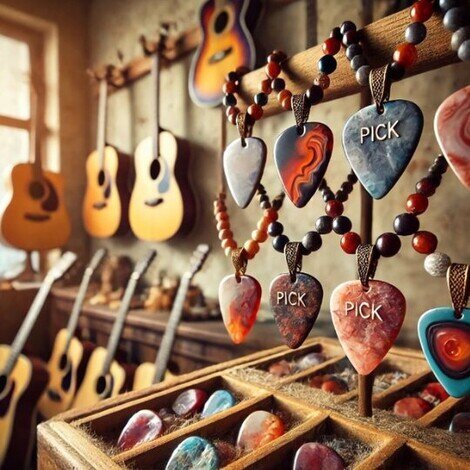 immagine di una parete con appese della chitarre acustiche e delle collane con ciondoli in primo piano