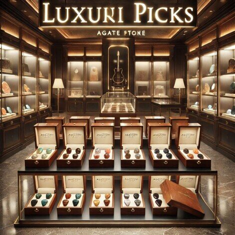 immagine di un elegante negozio di strumenti musicali con diverse confezioni di cofanetti in legno contenenti plettri in pietra di agata in primo piano sul bancone del negozio e poco dietro una teca in vetro contenente vari cofanetti, sullo sfondo vetrine contenenti accessori musicali