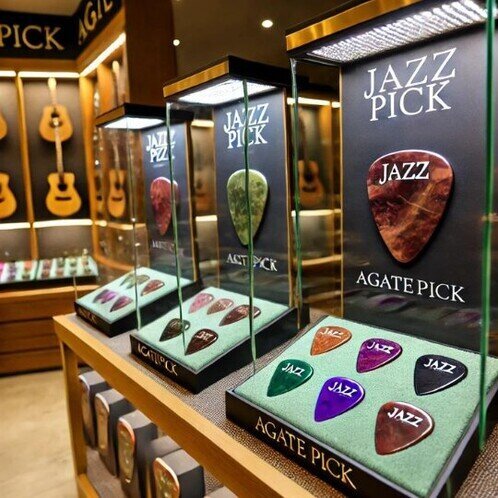 Immagine di un negozio di strumenti musicali con in bella vista 3 vetrine contenenti vari plettri in agata sul bancone