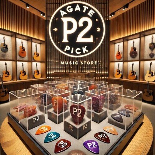 immagine di un negozio di strumenti musicali con vetrine sullo sfondo che contengono delle chitarre acustiche una grande insegna rotonda nera con scritte bianche agate p2 pick aleggia su il negozio mentre in primo piano si vedono plettri colorati in box di vetro e posati su plateau di velluto grigio