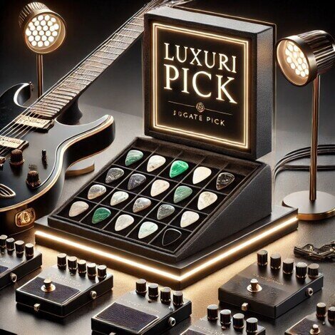 Immagine di un espositore elegante di colore nero con n°20 plettri in esposizione contornata da una chitarra elettrica e diversi pedalini per effetti chitarra