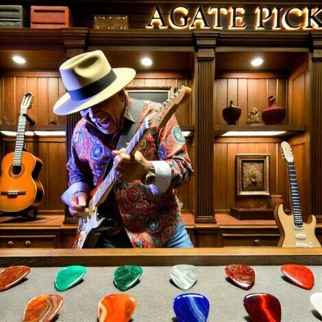 Immagine di un chitarrista con cappello che imbraccia una chitarra e suona all'interno di un negozio di strumenti musicali alle sua spalle vetrine con accessori e in primo piano diversi plettri colorati verde acqua verde scuro bianco e corniola appoggiati sul bancone del negozio pronti per la prova del chitarrista